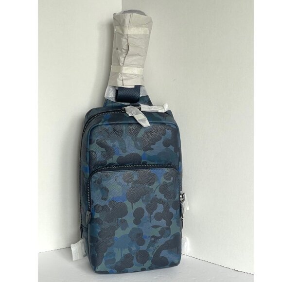 Coach Gotham Pack Sling Camo Mens Blue Leather Small Backpack Crossbody C5334 - Picture 2 of 13